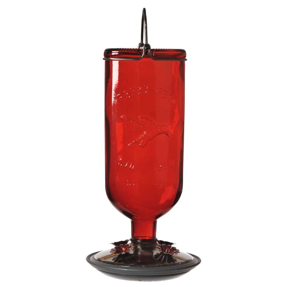 Red Antique Hanging Glass Hummingbird Feeder with Metal Accents