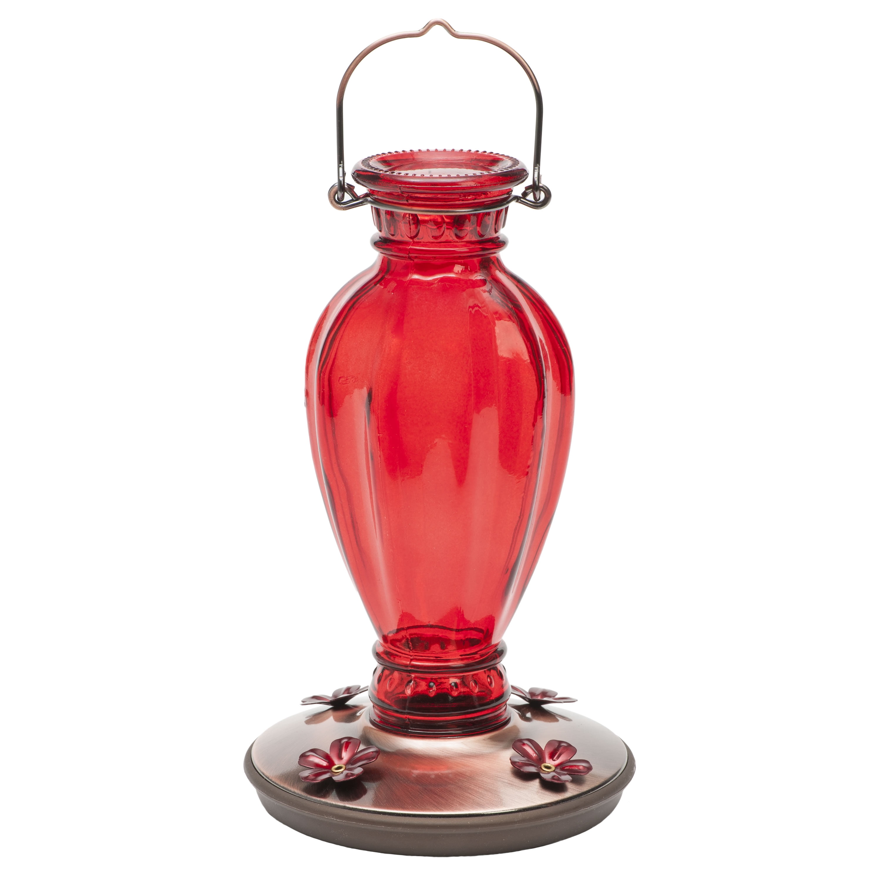 Red Daisy Glass Hummingbird Feeder with Copper Base, 18oz