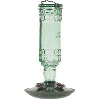 Green Antique Glass Hanging Hummingbird Feeder with Metal Accents