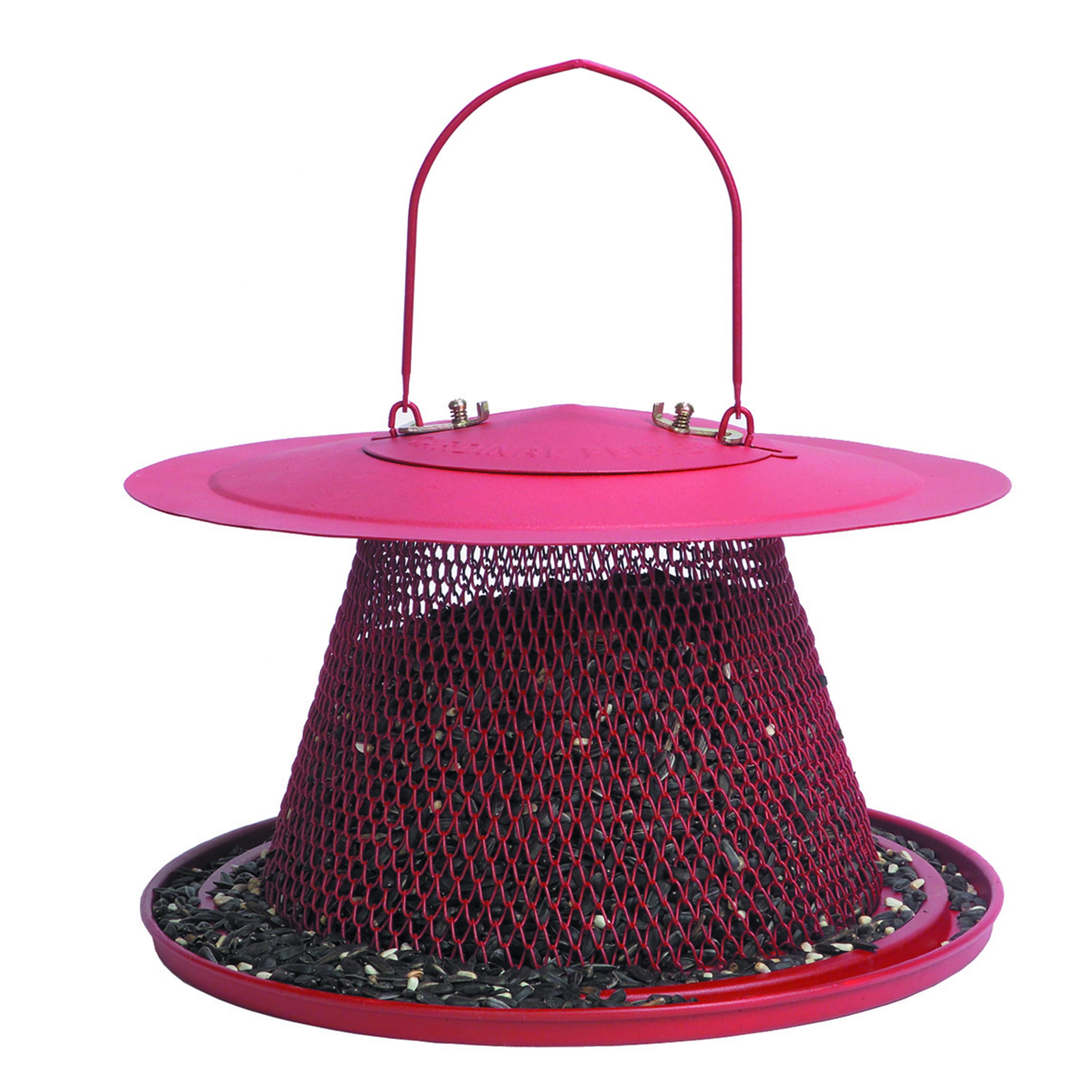 Red Metal Hanging Bird Feeder with Mesh Design
