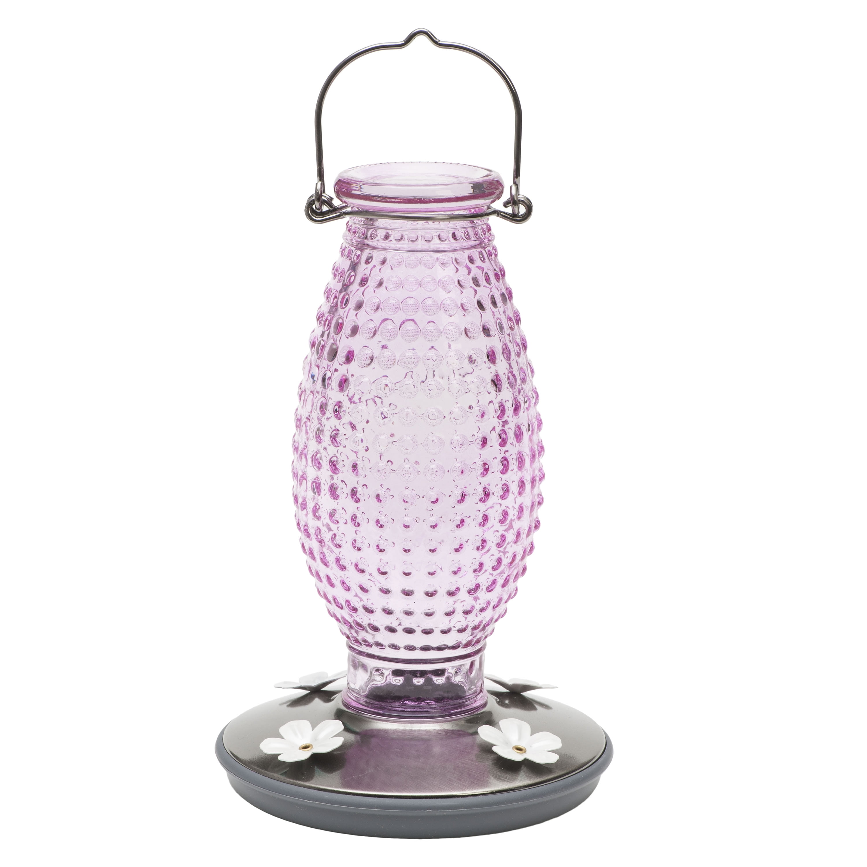 Cranberry Hobnail Glass and Metal Hummingbird Feeder