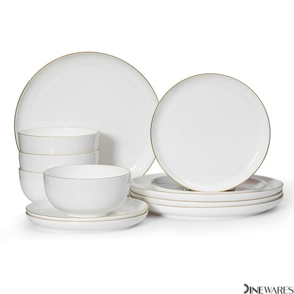 Perlaceo Luxurious Collection of 12-Piece White with Gold Rim Bone China Dinnerware Set - Lightweight and Durable - Service for 4, Including Dinner Plates, Salad Plates, and Cereal or Soup Bowls
