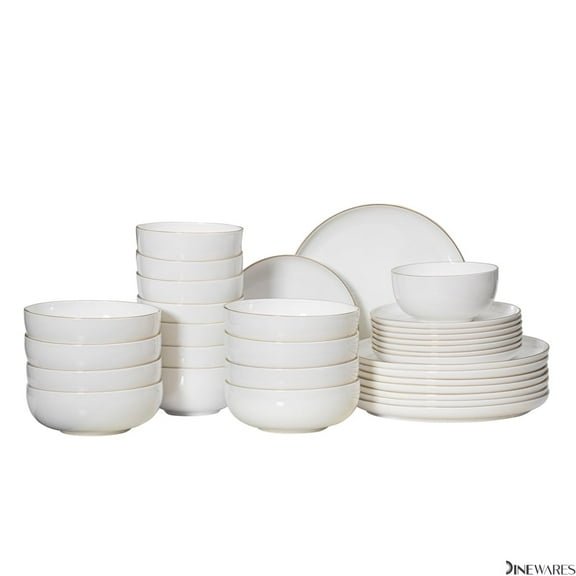 Perlaceo Luxurious Collection of 32-Piece White with Gold Rim Bone China Dinnerware Set - Lightweight and Durable - Service for 8, Including Dinner Plates, Salad Plates, and Cereal or Soup Bowls
