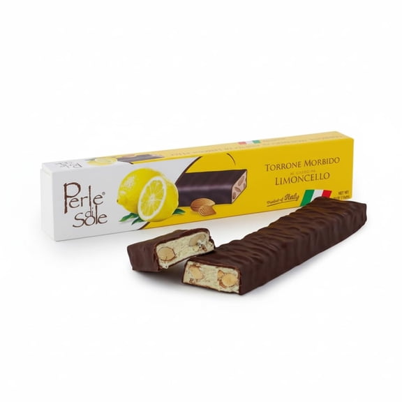 Perle di Sole Italian Lemon Chocolate Nougat - Limoncello Flavored Soft Nougat Bar with Dark Chocolate Coating - Gourmet Artisan Torrone(5.3 oz | 150 g)
