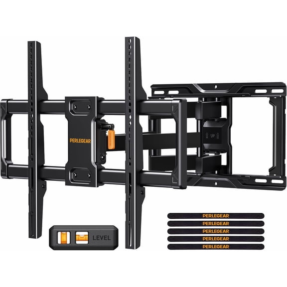 Perlegear Full Motion TV Wall Mount for Most 42-84 inch Flat Curved TVs up to 132 lbs, 12/16 Wood Studs, Bracket with Articulating Arms, Swivel, Tool-Free Tilt, Max VESA 600x400mm PGLF12 C108