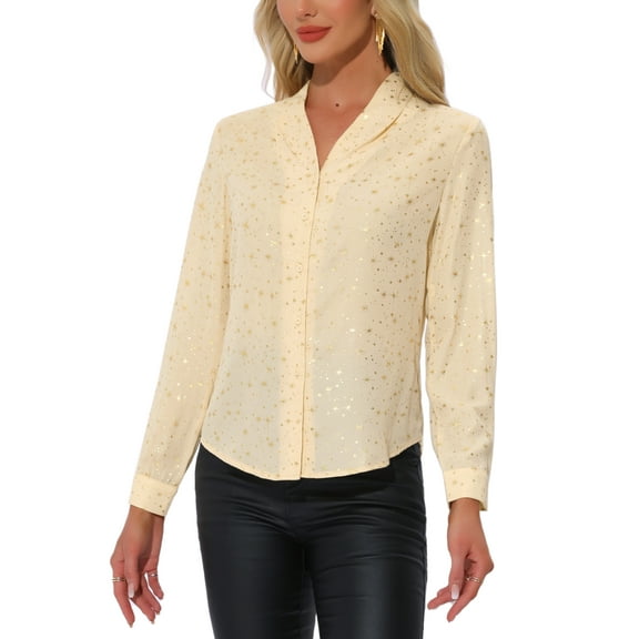 INSPIRE CHIC Women's Stand Collar Long Sleeve Metallic Stars Shirt S Beige