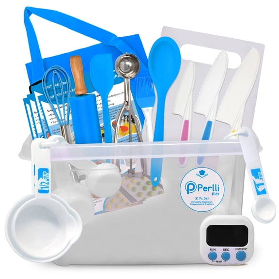 Perlli 31 Piece Junior Chef Cooking Set for Kids Kitchen Playset with Container, Blue