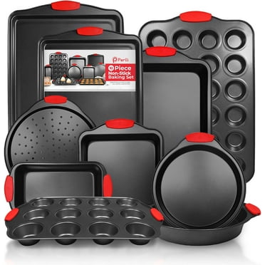 Perlli Baking Pan Set 10-Piece Carbon Steel Bakeware for Kitchen with Red Silicone Handles