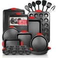 Perlli Baking Pan Set 17-Pc Carbon Steel Bakeware for Kitchen with Red Silicone Handles