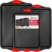 Perlli Baking Pan Set 3-Pc Carbon Steel Bakeware for Kitchen with Red Silicone Handles