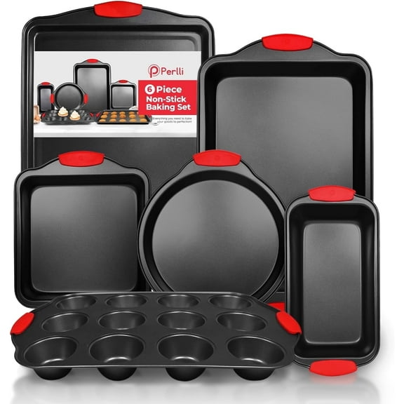 Perlli Baking Pan Set 6-Piece Carbon Steel Bakeware for Kitchen with Red Silicone Handles