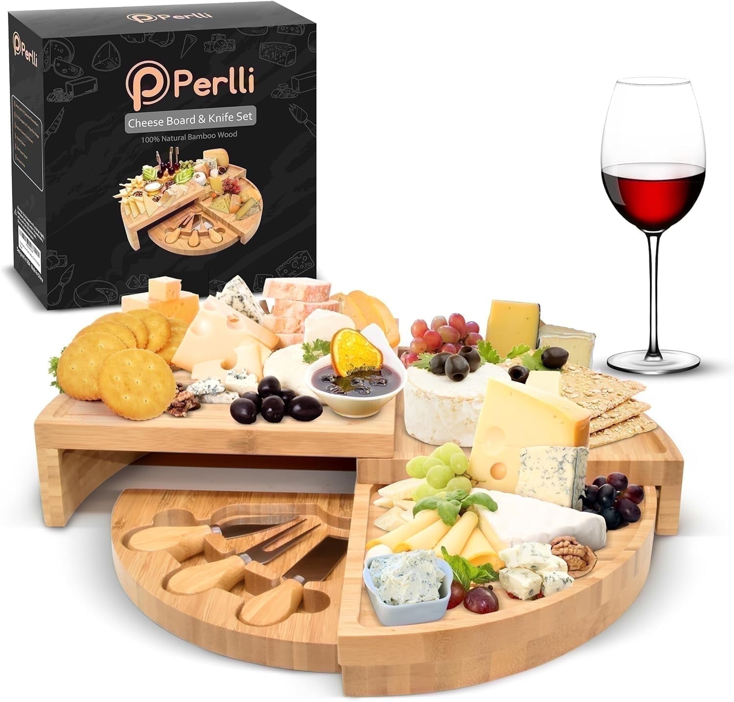 Perlli Rotating Charcuterie Board Set Rotating Bamboo Cheese Board Tray with Accessories, 18"