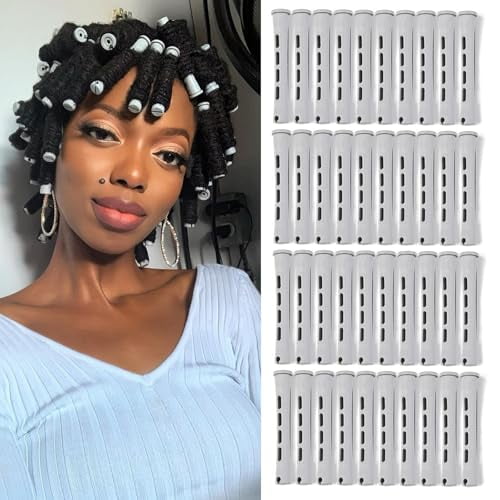 Perm Rods Set for Short Natural Hair 40pcs Gray Plastic Cold Wave Rods Hair Curling Rollers with Steel Pintail Comb Rat Tail DIY Hairdressing Tools(40pcs Gray)