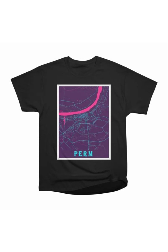 Perm Russia Neon City Map T-Shirt Tee Gift For Him Merch For Her Apparel For Friend