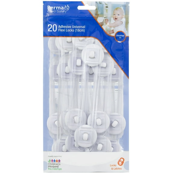 Perma Adhesive Universal Flexi Locks, Bulk Value Pack, 20 Adhesive Locks & Latches, 7.1 in Strap, Child Proof Appliances, Cabinets, Drawers, No Tools Required.