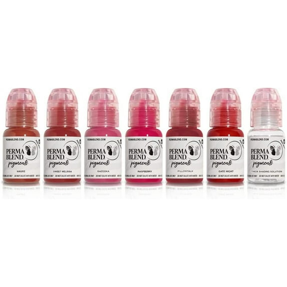 Perma Blend - Sultry Lip Set - Permanent Makeup to Enhance Lip Color - Lip Tattoo Ink Pigment - Set of 7 Includes Pink & Red Lip Blushes Plus Shading Solution - Vegan (0.5 oz Each)