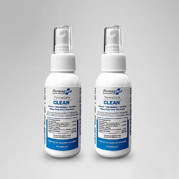 PermaSafe CLEAN, All-Purpose Disinfectant Cleaner; No- Rinse, Hard, Soft & Food Contact Surface Sanitizer; Mold, Mildew and Fungi Killer; Odor Eliminator; Allergen Remover & More (2-Pack, 3 fl oz ea)