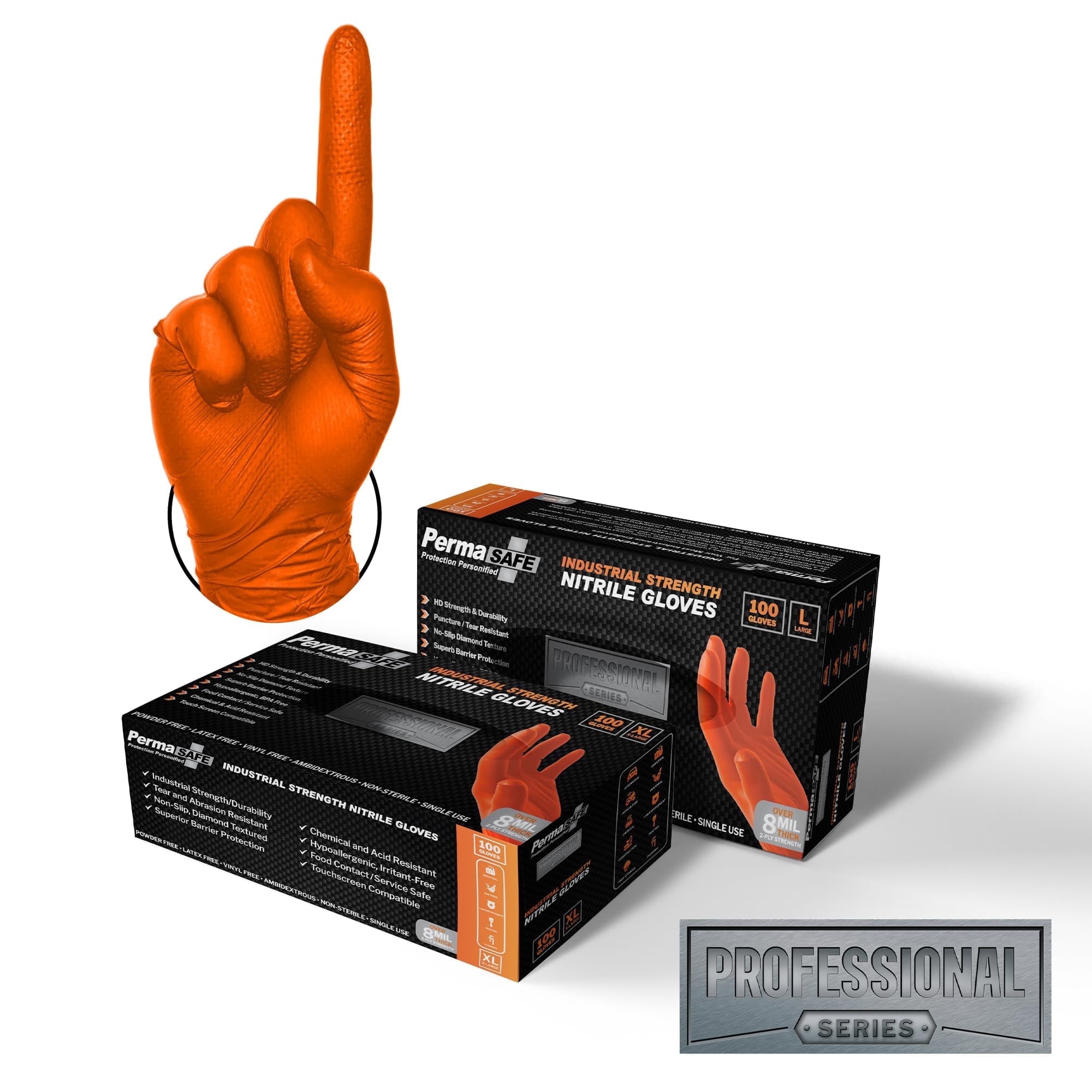 PermaSafe HD Orange Disposable Nitrile Gloves, 8+ Mil, Latex-Free, Raised Texture, Extreme-Duty Industrial, Mechanical(BOX of 100, XX-Large)