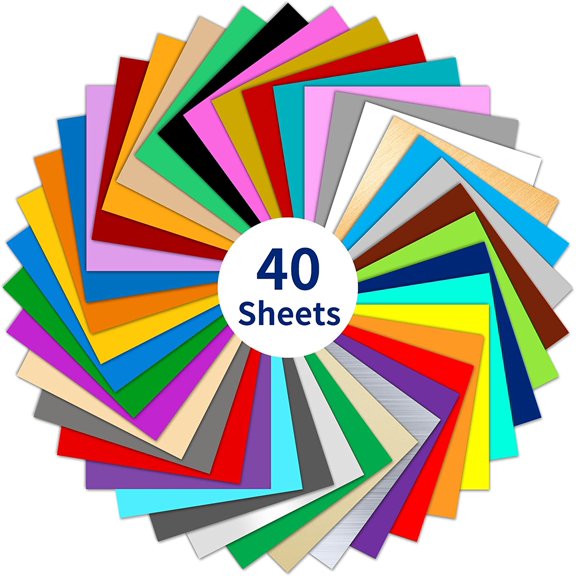 Permanent Adhesive Backed Vinyl Sheets (40 Packs, 12"x12") - 40 Assorted Glossy Colors Adhesive Vinyl Sheets for All Kinds of Cutting Machines