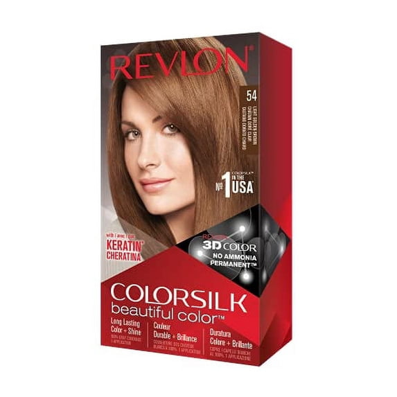 Permanent Hair Color by Revlon, Permanent Hair Dye, Colorsilk with 100% Gray Coverage, Ammonia-Free, Keratin and Amino Acids, 54 Light Golden Brown, 4.4 Oz (Pack of 1)