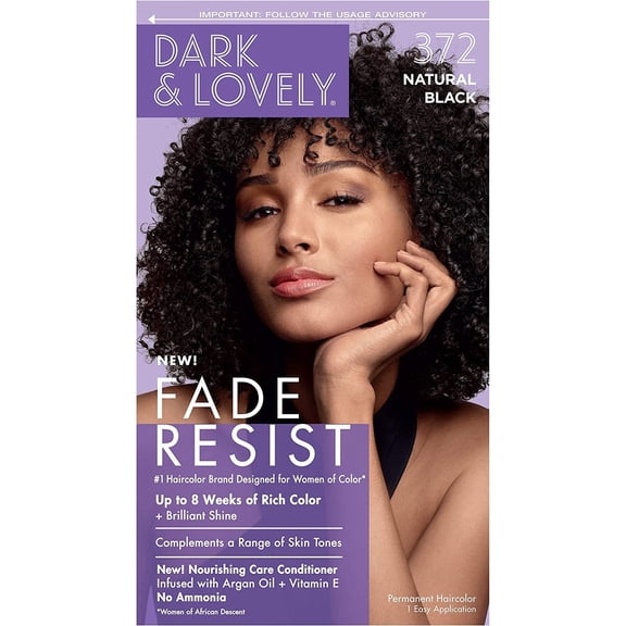 Permanent Hair Color by Dark and Lovely Fade Resist up to 100% Gray Coverage Dye, Natural Black 372