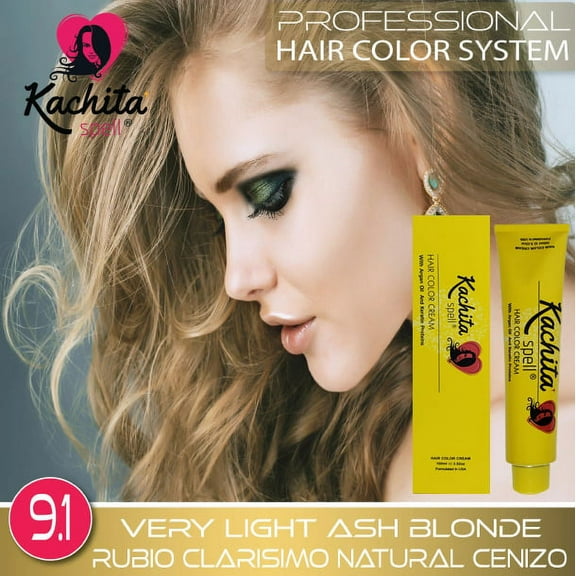 Permanent Hair Dye Very Light Ash Blond 9.1 Kachita Spell 3.52 oz 100 mL Professional Hair Color Cream with Keratin and Argan Oil, 100% Gray Coverage