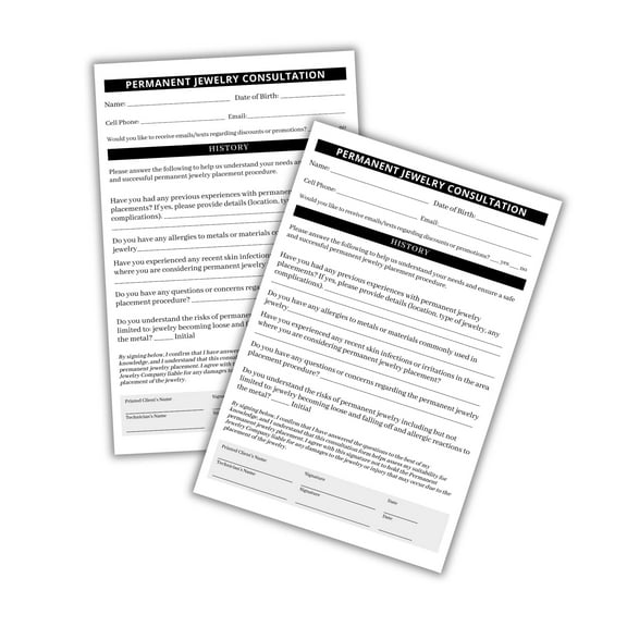 Permanent Jewelry Release Forms 30pk 4x6 Postcard Care Instruction Cards Client Signature Welder Starter Kit Equipment Supplies Jump Rings Connectors