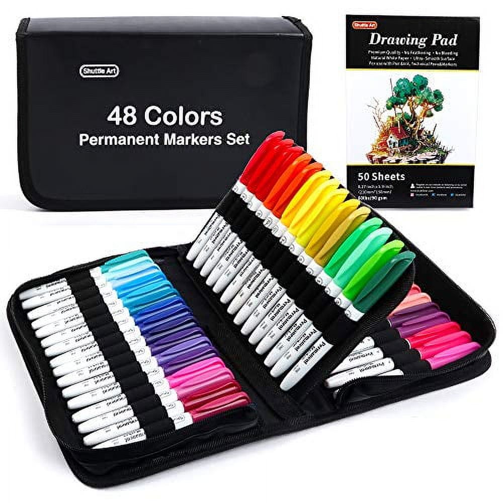 Permanent Markers, 48 Colors Fine Point Permanent Marker Assorted Colors  with Travel Case, Ideal for Adults Coloring Doodling on Plastic, Glass,  Wood and Stone, Gift for Kids by Shuttle Art 