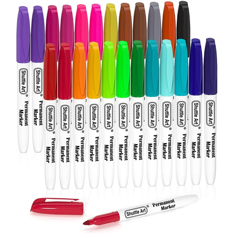 Shuttle Art Permanent Markers, 24 Colors Fine Point Assorted Colors Permanent Marker Set, Works on Plastic,Wood,Stone,Metal and Glass for Doodling, C