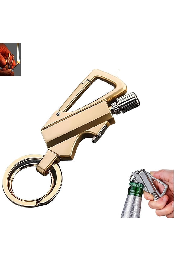 Permanent Match Infinity Lighter,Dual Side Flint Fire Starter,Forever Waterproof Matches Strike Anywhere,Keychain Bottle Opener for Men,Survival Cool Lighters for Camping (Gold)