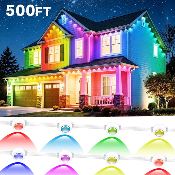 Permanent Outdoor LED Lights 500FT RGB IP67 Waterproof Eaves Lights App & Remote Control Music Sync Timer Easy Install Mansion Large House