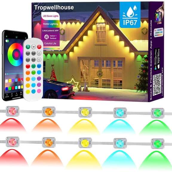 Permanent Outdoor Light, 200-Foot (Approx. 60-Meter) RGB Smart LED Eave Light, with App and Remote Control, IP67 Waterproof, Ideal for Outdoor Decorations and Daily Lighting