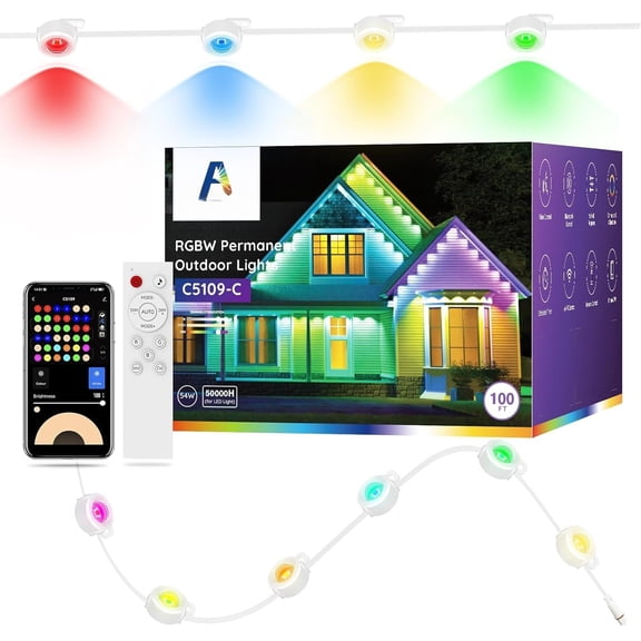 Permanent Outdoor Lights 100ft with 72 LEDs, 111 Scene Modes,  RGBW Lights with 40lm Warm White, App & Remote Control for Christmas, Halloween, Works with Alexa,  Assistant, White