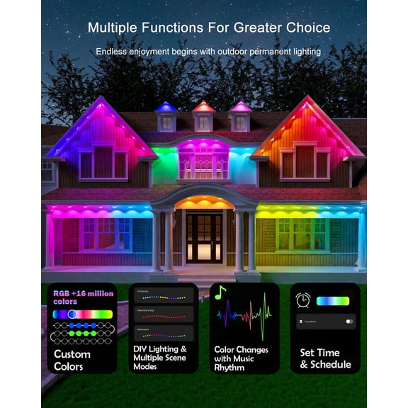 Permanent Outdoor Lights 100ft RGB+ with 72 Smart AI Eave Lights with Remote APP Control, LED Color Individual, Christmas Outdoor Light, Party, Compatible with Alexa, Google Assistant