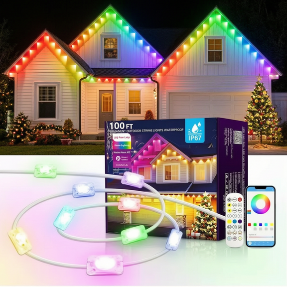 Permanent Outdoor Lights 100ft RGBIC Eave Lights, App & Remote Control, IP67 Waterproof Smart LED String Lights with Music Sync, Color Changing for House, Patio, Christmas Holiday Decor