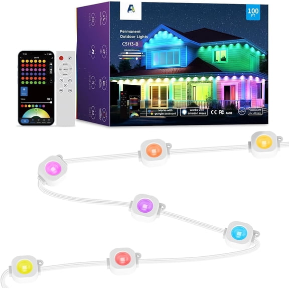 Permanent Outdoor Lights 100ft,RGBW Eaves Light with 72 Lights,111+ Scenes Modes Outdoor Lighting, Permanent Light for Daily Holiday Decorations, Works with Alexa,White
