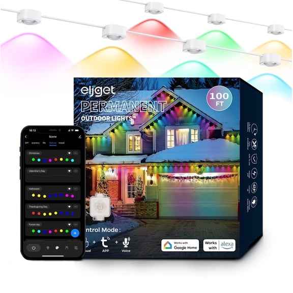 Open Box Permanent Outdoor Lights, 100ft Smart RGB+IC Outdoor Lights with 72 Scene Modes, 60 LED Eaves Lights IP67 Waterproof for Holidays, Party, Daily, Compatible with Alexa, Google Assistant