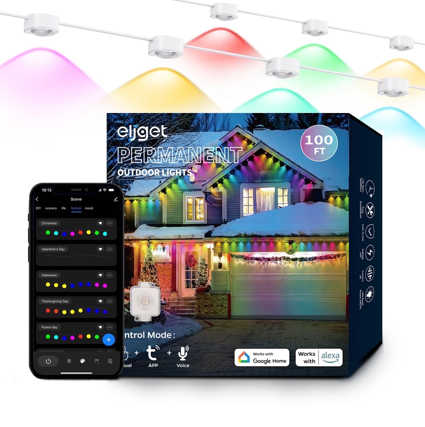 Permanent Outdoor Lights, 100ft Smart RGB+IC Outdoor Lights with 72 Scene Modes, 60 LED Eaves Lights IP67 Waterproof for Holidays, Party, Daily, Compatible with Alexa, Google Assistant