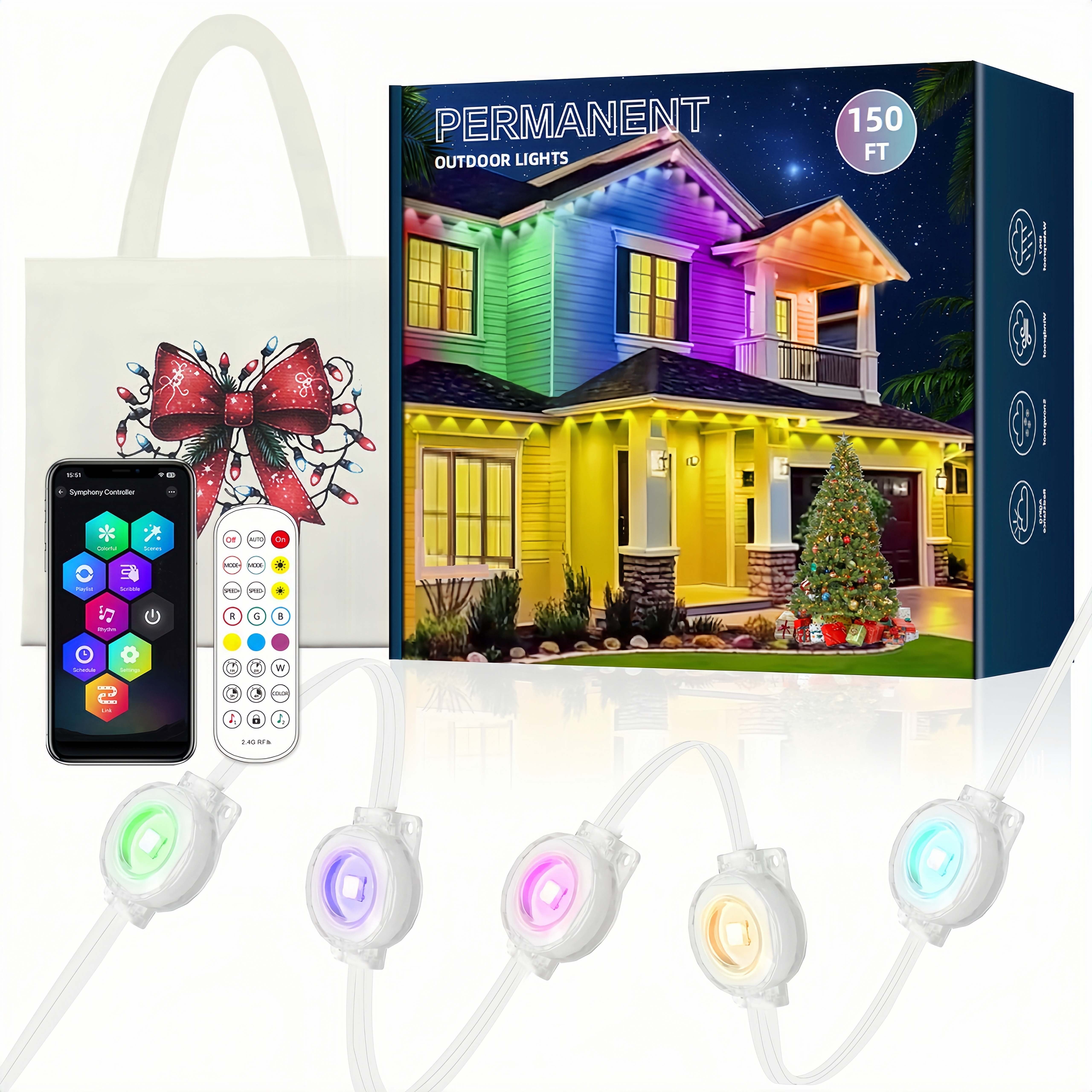 Permanent Outdoor Lights 150ft, RGBWW with IC Smart LED with 90 LED Lights, 50LM Per LED, IP68 Waterproof, App & Remote Control for Halloween Christmas Decor, Pool Party Decor and Daily Lighting, Wor