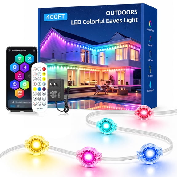 Permanent Outdoor Lights, 400ft RGB+IC Smart LED Eaves Lights,Outdoor Lights with App/Remote,IP67 Waterproof Led Lights for Roof, Christmas, Holiday, Party Decor(2 Rolls of 200ft)