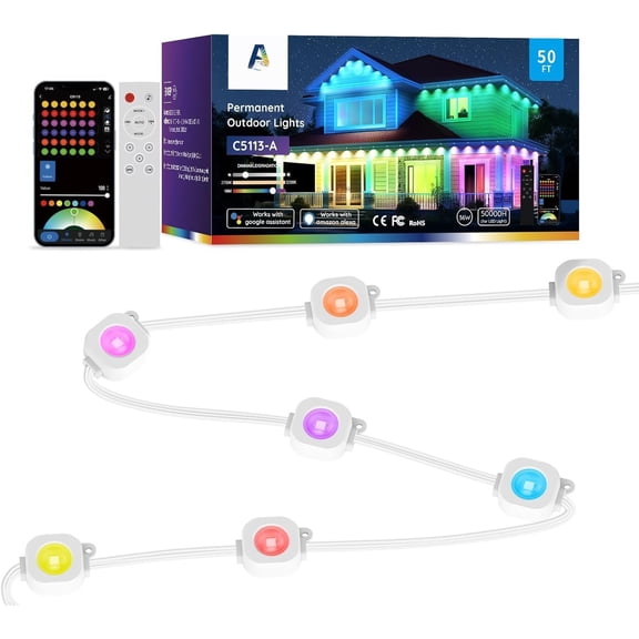 Permanent Outdoor Lights 50ft,RGBW Eaves Light with 36 Lights,111+ Scenes Modes Outdoor Lighting, Permanent Light for Daily Holiday Halloween Decorations, Works with Alexa,White