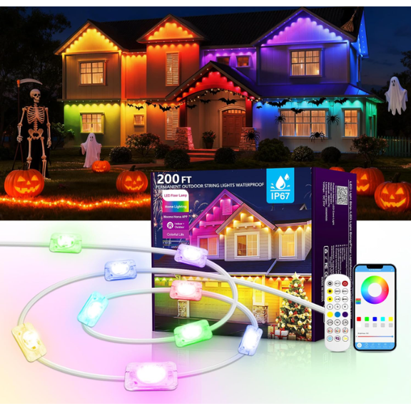 Permanent Outdoor Lights for House,200ft RGB+IC Smart Outdoor Decor, 50 Scene Modes,App/Remote Control,for Christmas,V-Day,Thanksgiving,Daily & Holiday Party Decor