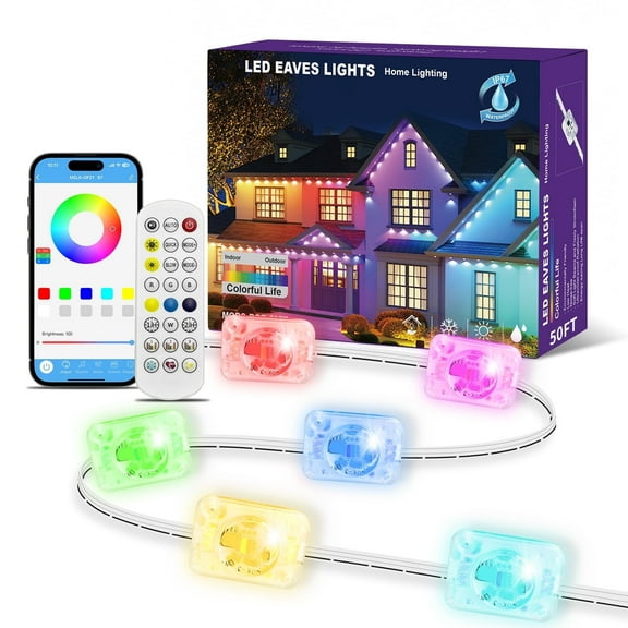 Permanent Outdoor Lights for House, 50ft RGB+IC Smart Outdoor Decor, 50 Scene Modes, App/Remote Control, IP68 Waterproof, for Christmas, Holiday, Daily & Pool Party Decor, House Roof Lighting