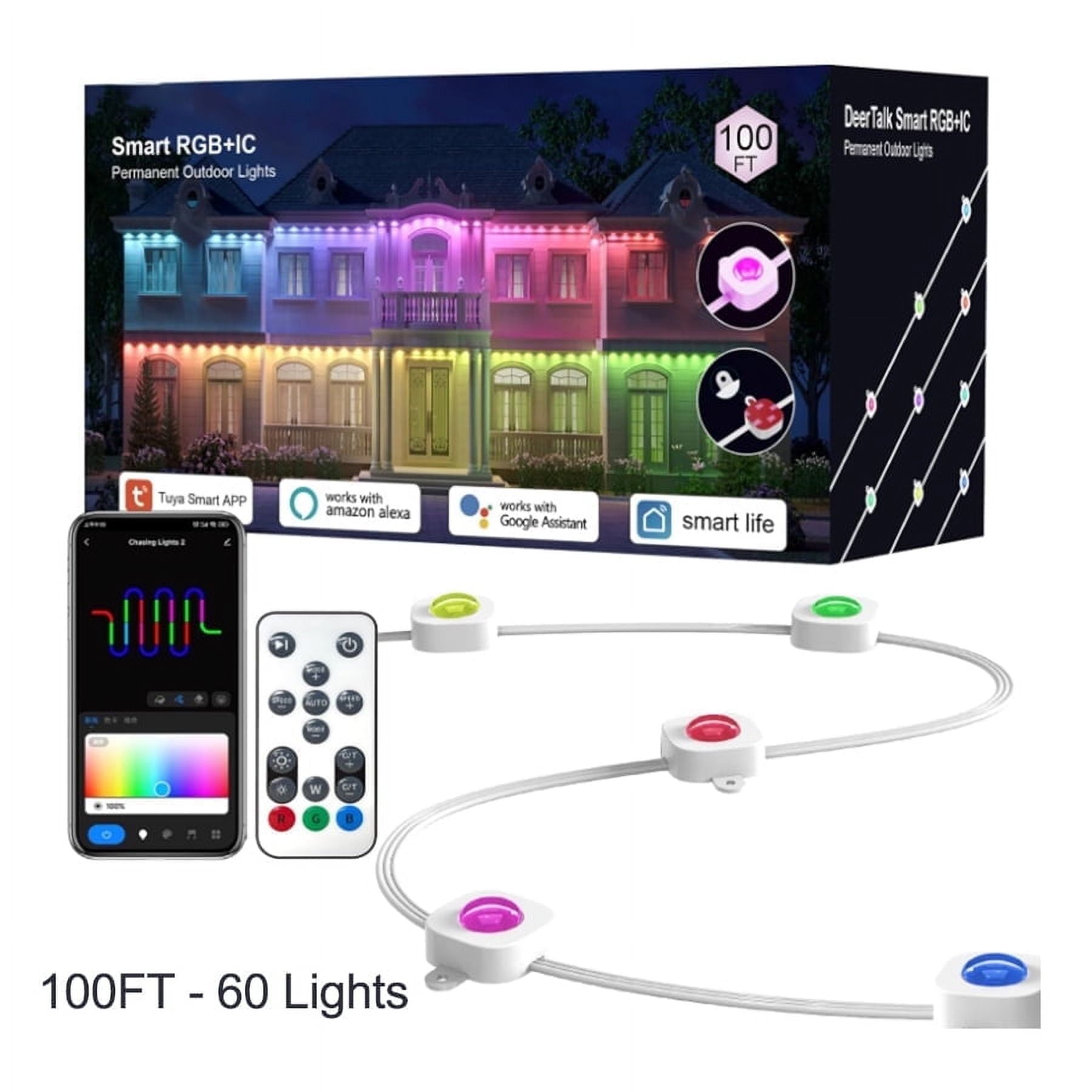 Permanent Outdoor Lights, Smart RGBIC Outdoor Lights with 75 Scene Modes, 100ft with 60 LED Eaves Lights IP67 Waterproof for Outdoor Decor, Garden Decor, Work with Alexa, Google Assistant
