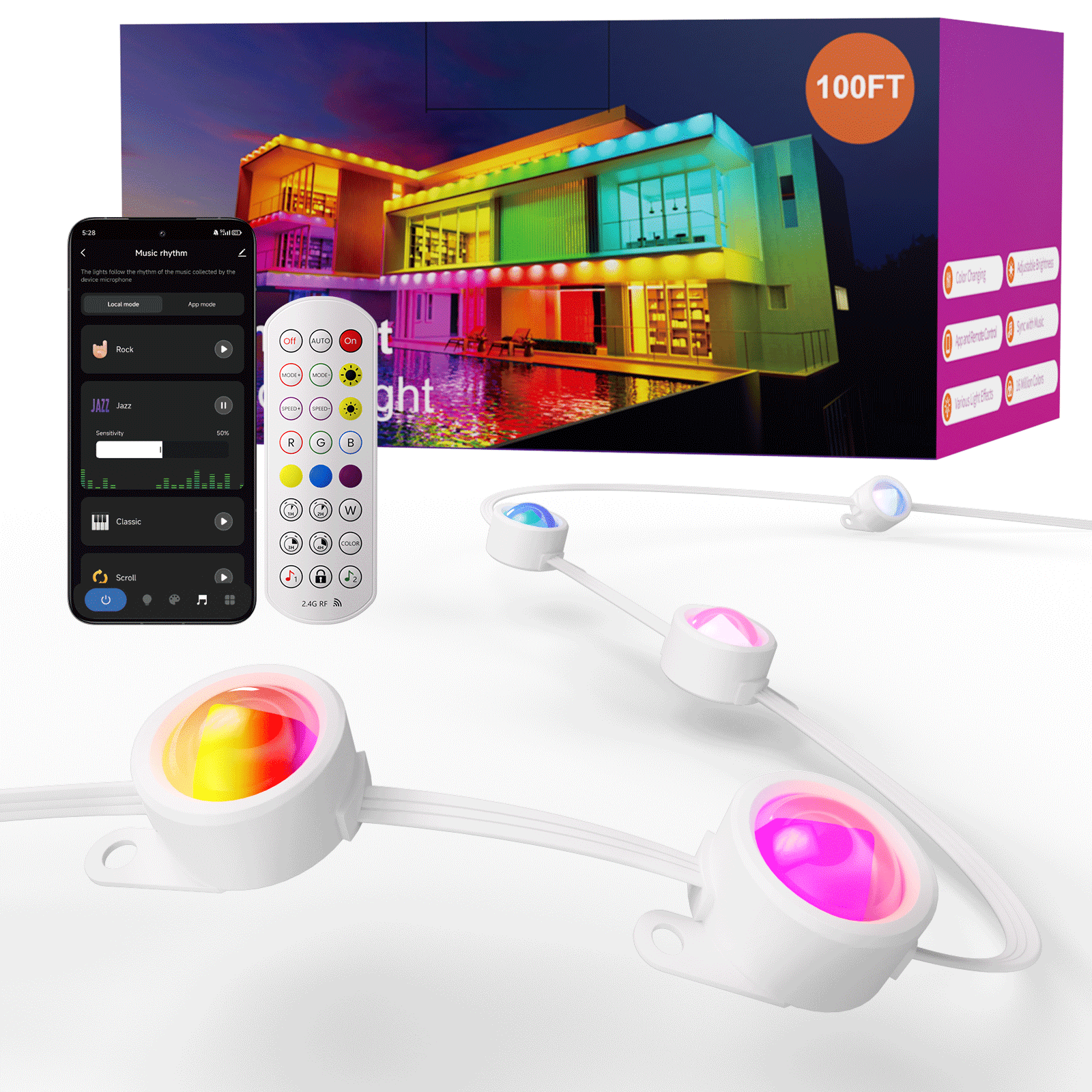 Permanent Outdoor Lights, 100FT RGB LED Eaves Light for Home, 60 Bright LEDs Individual Control,IP67 Waterproof Outdoor Strip Light, Extendable, DIY Scene Modes, Music Sync, App/Remote Control