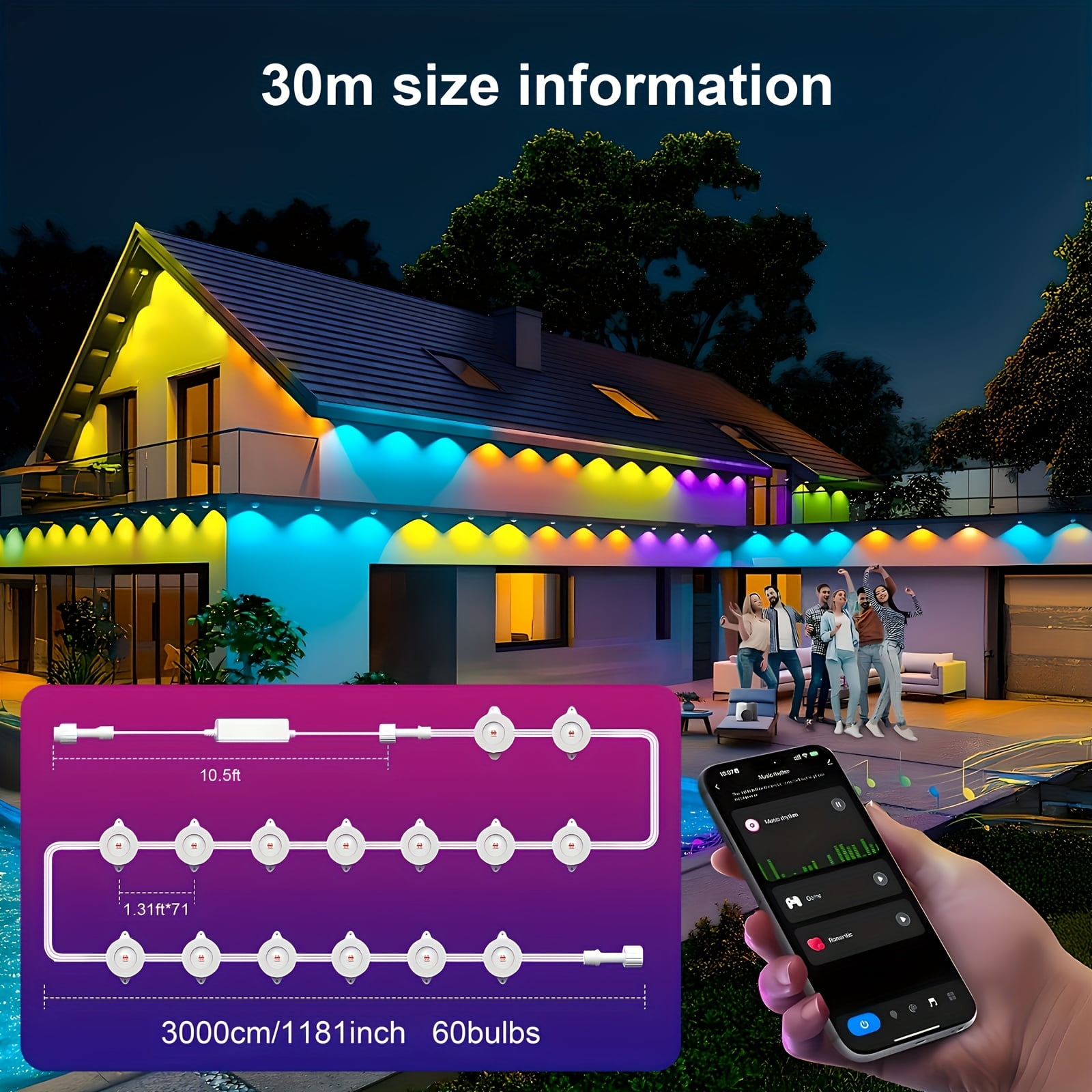 Permanent Outdoor Rainbow RGB IC Eaves Lights - Smart Wireless APP ...
