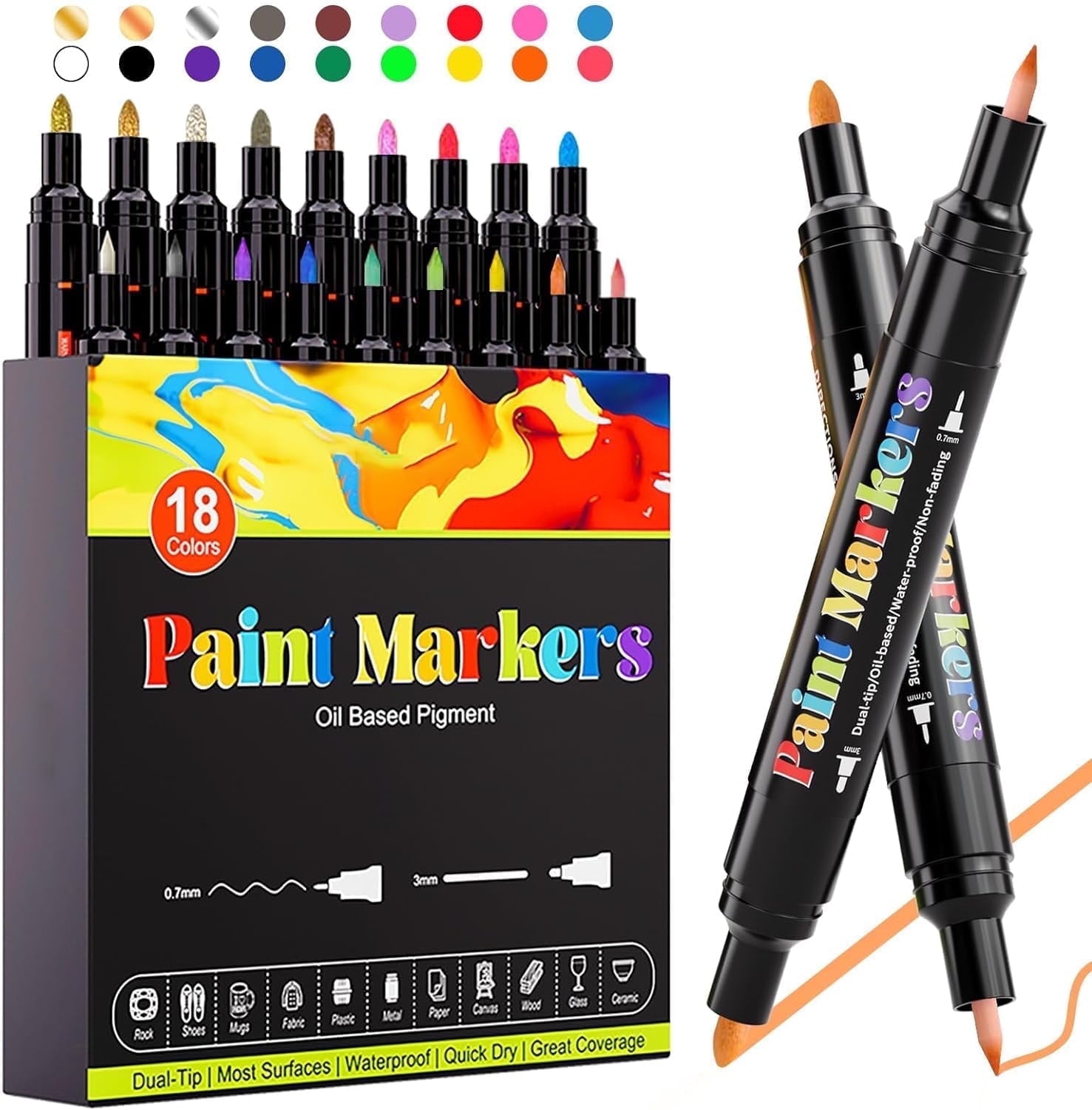 12-Color Acrylic Paint Markers Set - 3mm Medium Tip, Water-Based, Quick Dry, For Rock, Ceramic, Wood, Glass, Fabric Painting