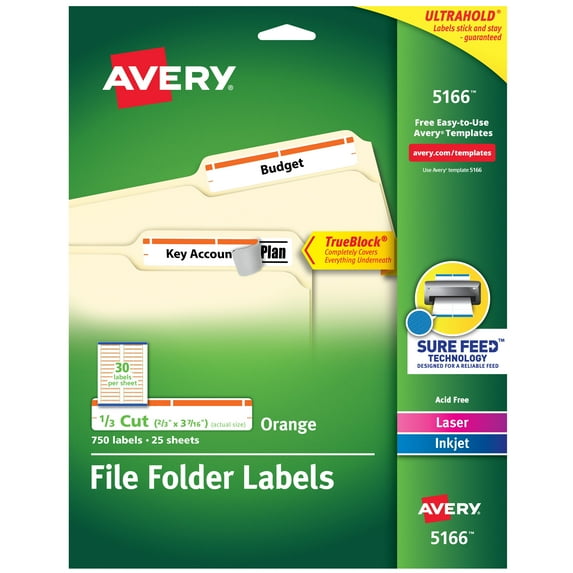 Permanent Trueblock File Folder Labels With Sure Feed Technology, 0.66 X 3.44, White, 30/sheet, 25 Sheets/pack | Bundle of 5 Packs