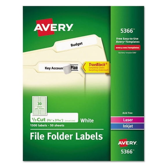 "Permanent Trueblock File Folder Labels With Sure Feed Technology, 0.66 X 3.44, White, 30/sheet, 50 Sheets/box | Bundle of 2 Boxes"