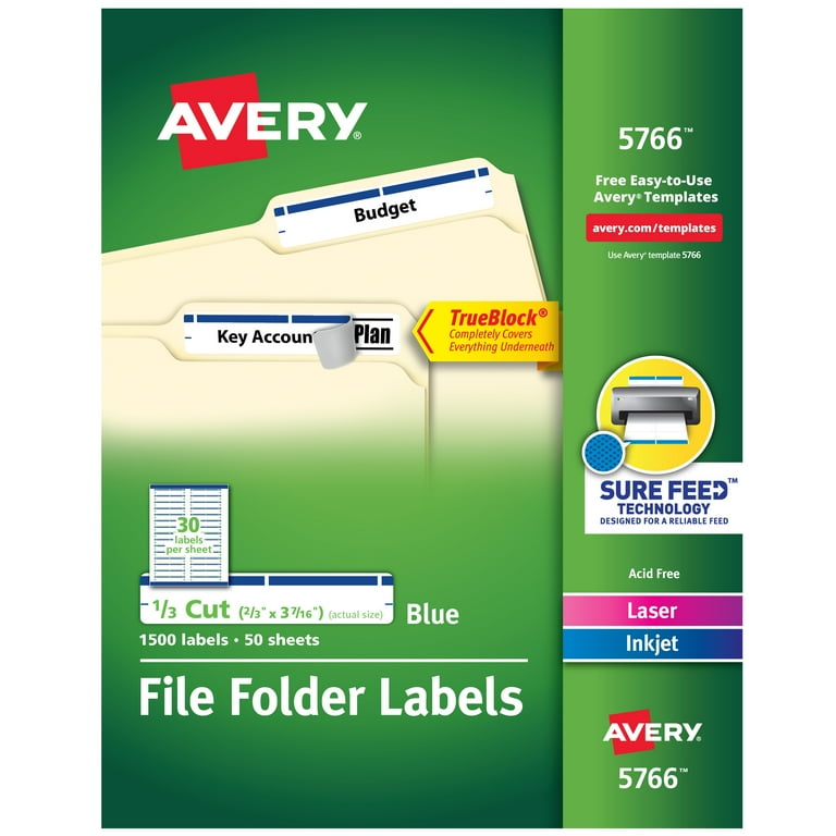 Permanent TrueBlock File Folder Labels with Sure Feed Technology, 0.66 x 3.44, Blue/White, 30/Sheet, 50 Sheets/Box
